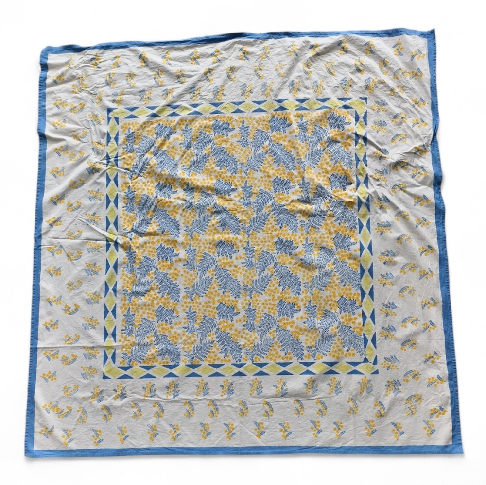 Parisian Style Hand Printed Tablecloth Blue Yellow Floral French Cottage 55x55